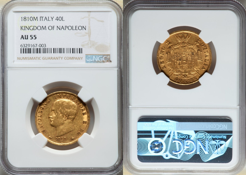 Kingdom of Napoleon. Napoleon I gold 40 Lire 1810-M AU55 NGC, Milan mint, KM12. ...