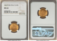 Vittorio Emanuele II gold 10 Lire 1863 T-BN MS64 NGC, Turin mint, KM9.3. Beautiful, honey-toned surfaces decorate the near-Gem at hand. 

HID098012420...