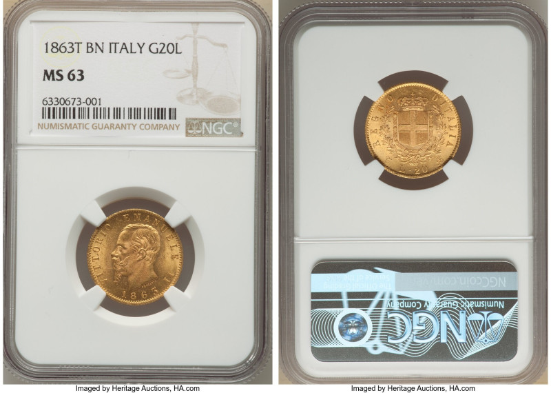 Vittorio Emanuele II gold 20 Lire 1863 T-BN MS63 NGC, Turin mint, KM10.1. AGW 0....