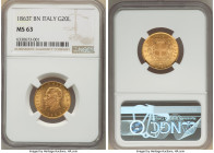 Vittorio Emanuele II gold 20 Lire 1863 T-BN MS63 NGC, Turin mint, KM10.1. AGW 0.1867 oz. 

HID09801242017

© 2022 Heritage Auctions | All Rights Reser...