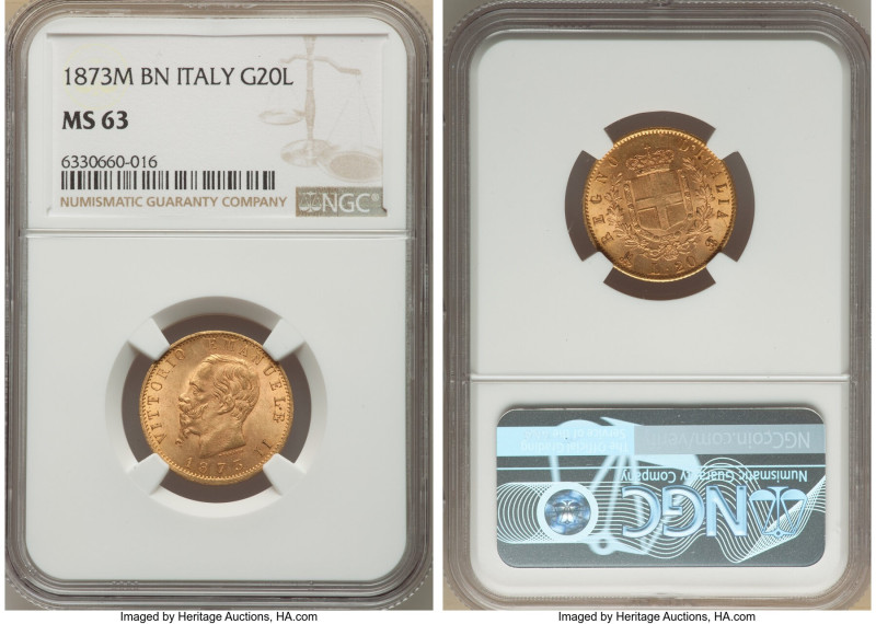 Vittorio Emanuele II gold 20 Lire 1873 M-BN MS63 NGC, Milan mint, KM10.3. AGW 0....