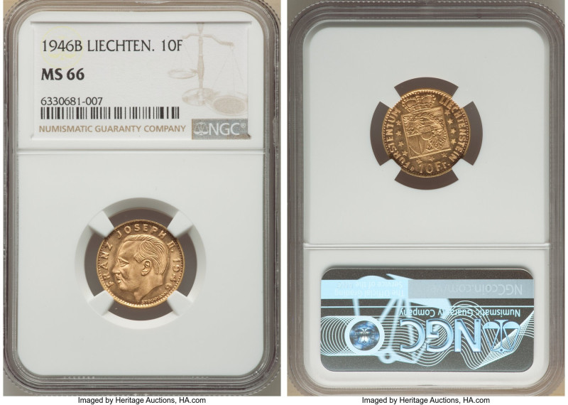 Franz Joseph II gold 10 Franken 1946-B MS66 NGC, Bern mint, KM-Y13. Mintage: 10,...