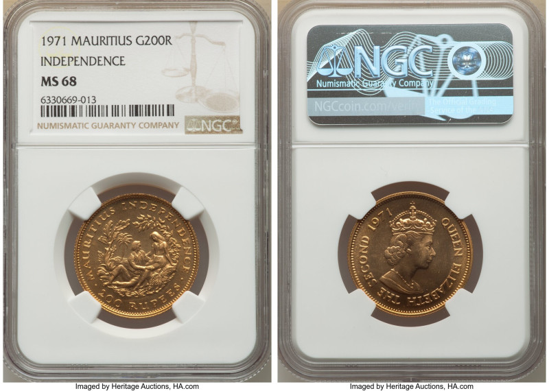 British Colony. Elizabeth II gold "Independence" 200 Rupees 1971 MS68 NGC, KM39,...