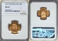 Willem III gold 10 Gulden 1879 MS67 NGC, KM106. Die polish still resides in the fields of this wonderfully crisp selection. Outranked by a single MS68...