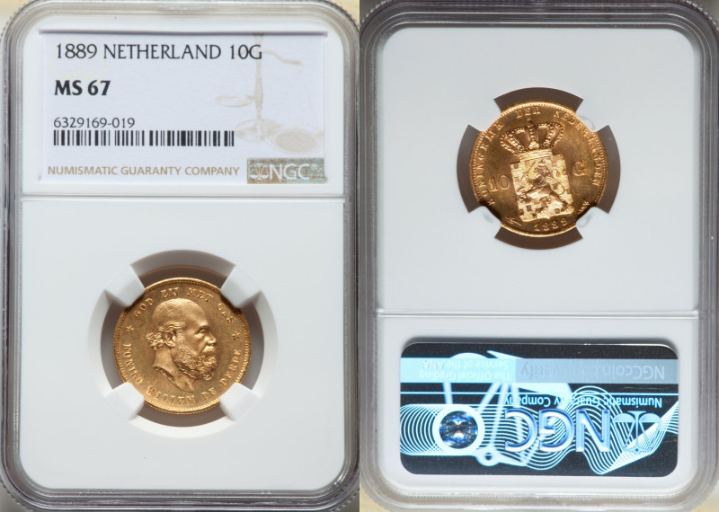 Willem III gold 10 Gulden 1889 MS67 NGC, KM106. Final year of type. Meticulously...