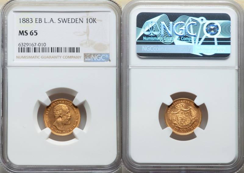 Oscar II gold 10 Kronor 1883 EB-L.A. MS65 NGC, Stockholm mint, KM743. 

HID09801...