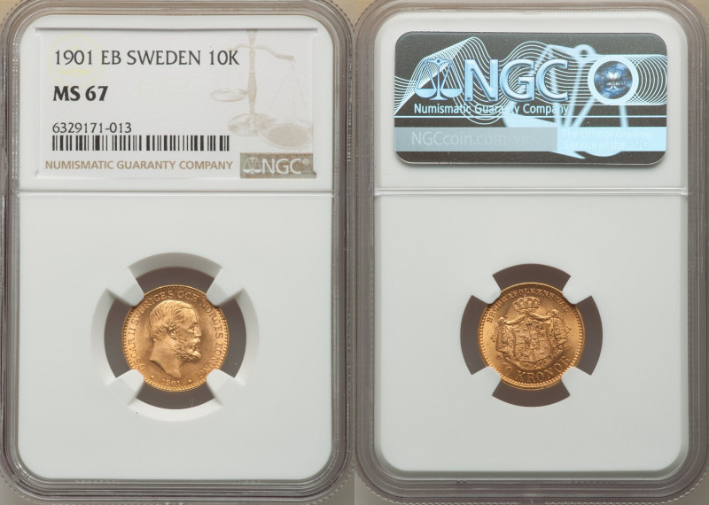 Oscar II gold 10 Kronor 1901-EB MS67 NGC, Stockholm mint, KM767. One year type. ...