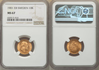 Oscar II gold 10 Kronor 1901-EB MS67 NGC, Stockholm mint, KM767. One year type. A premium gem with deep peripheries and scintillating luster. Proudly ...