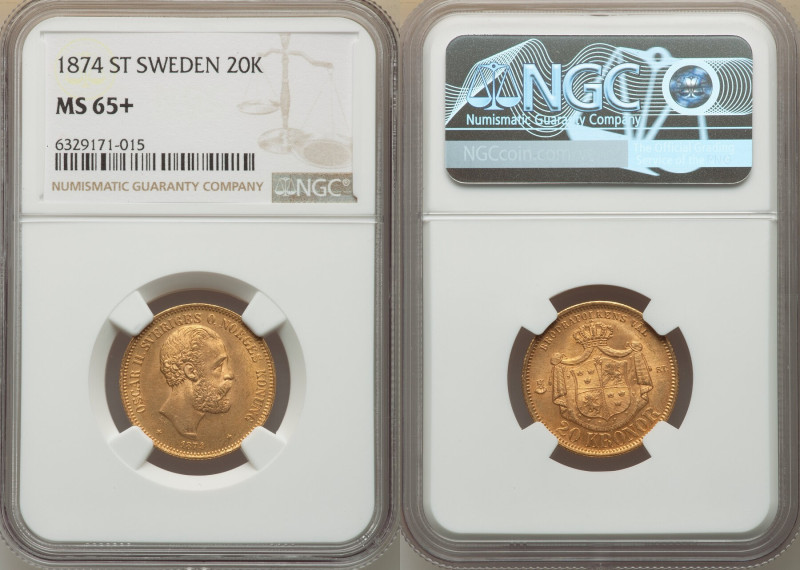 Oscar II gold 20 Kronor 1874-ST MS65+ NGC, KM733. Distinguished from other gems ...