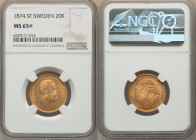 Oscar II gold 20 Kronor 1874-ST MS65+ NGC, KM733. Distinguished from other gems by comparatively little surface friction. Bears the second highest gra...