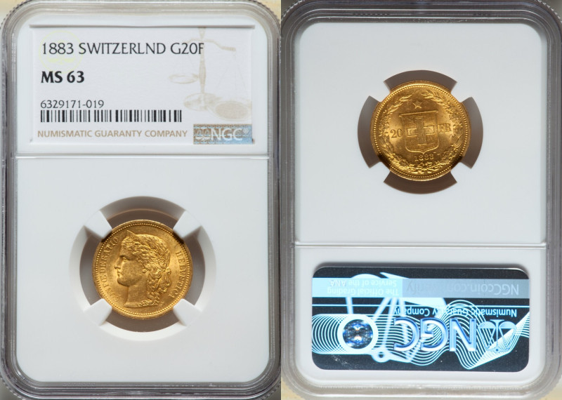 Confederation gold 20 Francs 1883 MS63 NGC, Bern mint, KM31.1. 

HID09801242017
...