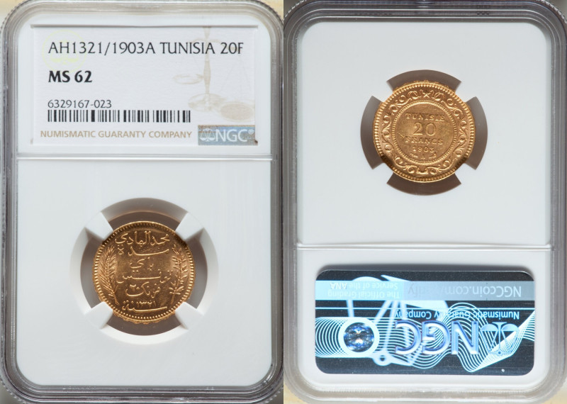 Muhammad al-Hadi Bey gold 20 Francs AH 1321 (1903)-A MS62 NGC, Paris mint, KM234...