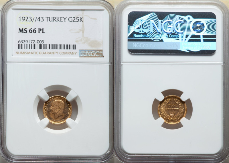 Republic gold 25 Kurush 1923 Year 43 (1976) MS66 Prooflike NGC, Ankara mint, KM8...