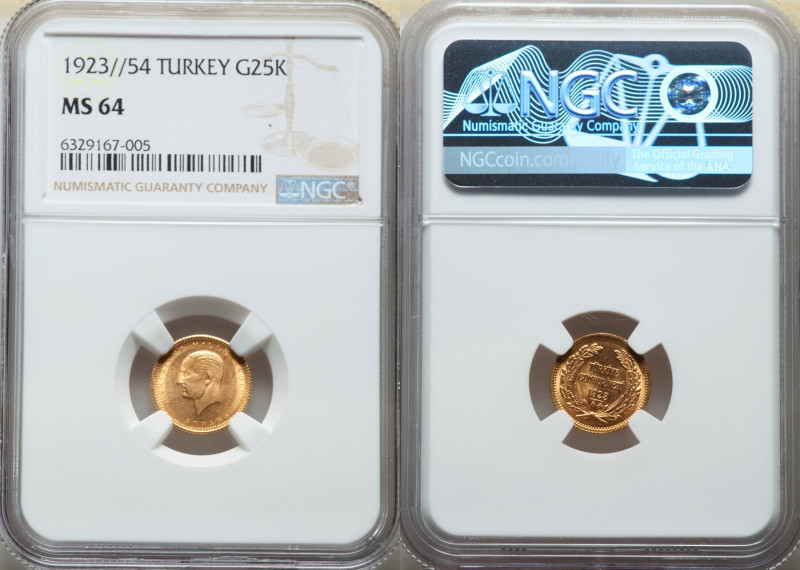 Republic gold 25 Kurush 1923 Year 54 (1987) MS64 NGC, Ankara mint, KM851. Finest...