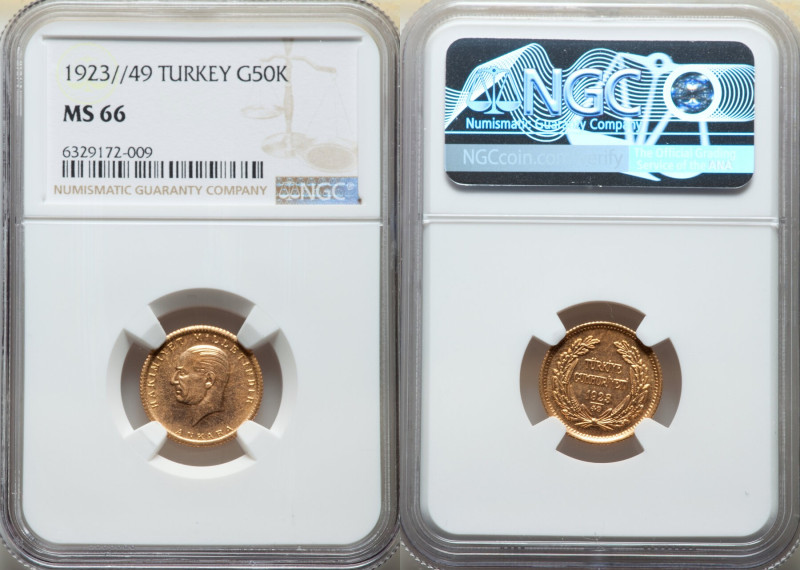 Republic gold 50 Kurush 1923 Year 49 (1982) MS66 NGC, Ankara mint, KM853. Overtl...