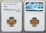 Republic gold 50 Kurush 1923 Year 49 (1982) MS66 NGC, Ankara mint, KM853. Overtly flashy, confidently situated as NGC's top pop by several points. 

H...