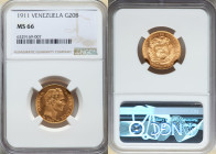 Republic gold 20 Bolivares 1911 MS66 PCGS, Paris mint, KM-Y32. Crisp devices and pondlike fields adorn this premium gem, currently situated as NGC's "...