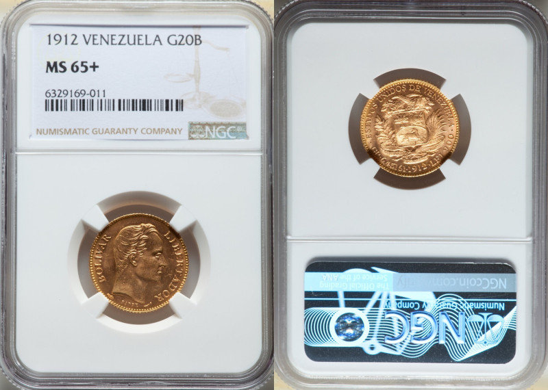 Republic gold 20 Bolivares 1912 MS65+ NGC, Paris mint, KM-Y32. 

HID09801242017
...