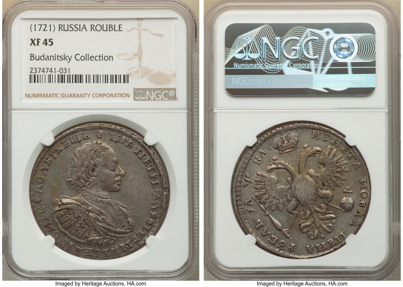 Peter I Rouble 1721-К XF45 NGC, Kadashevsky mint. KM157.5, Bit-474/479. Portrait...