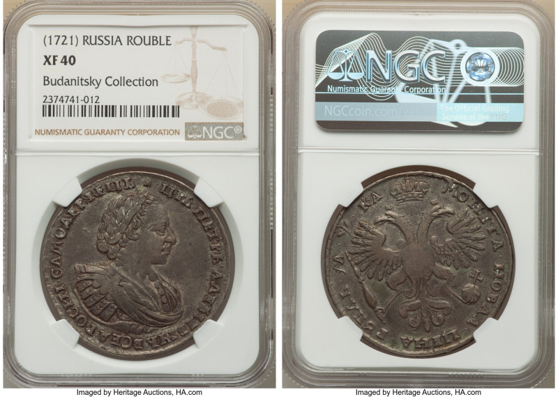 Peter I Rouble 1721 XF40 NGC, Kadashevsky mint, KM157.5, Bit-444. Portrait with ...