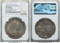 Peter I Rouble 1723 XF Details (Reverse Damage) NGC, Red mint, KM162.2, Bit-907. Portrait in ancient armor. A large flan flaw is noted on Peter's neck...