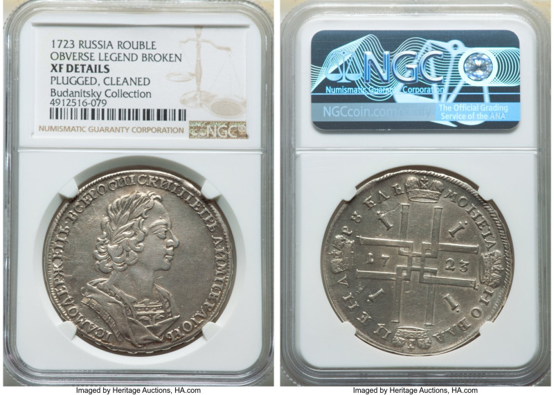 Peter I Rouble 1723 XF Details (Plugged, Cleaned) NGC, Red mint, KM162.2, Bit-90...