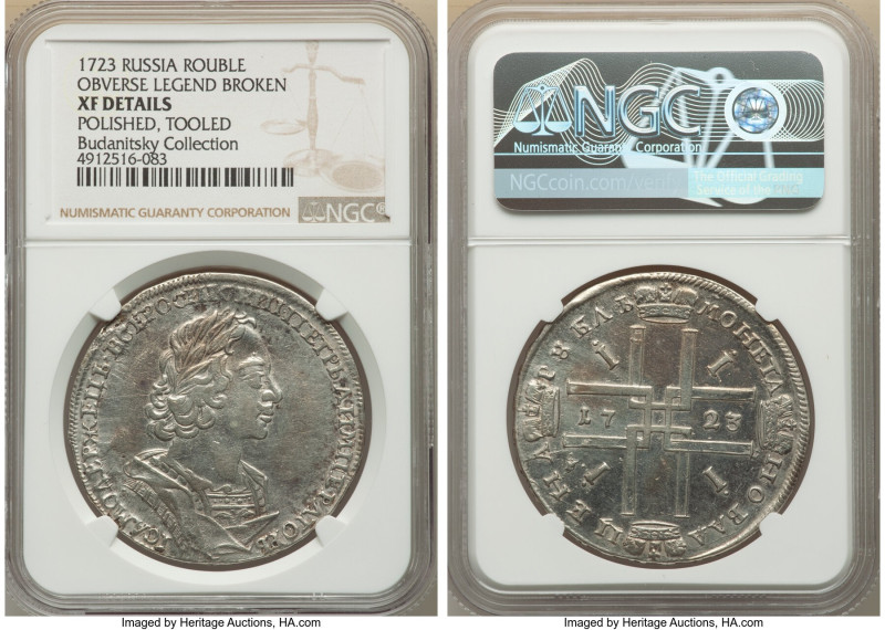 Peter I Rouble 1723 XF Details (Polished, Tooled) NGC, Red mint, KM162.2, Bit-89...