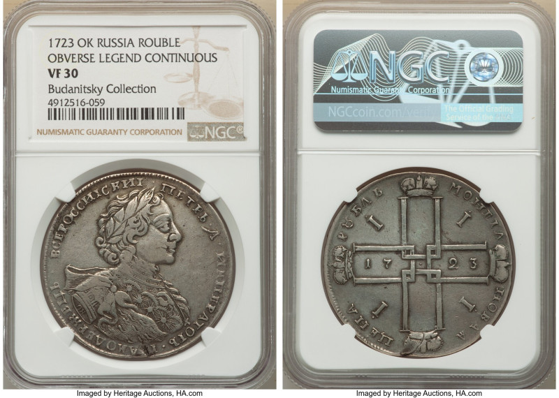 Peter I Rouble 1723-OК VF30 NGC, Red mint, KM162.3, Bit-847 (R). Portrait with e...