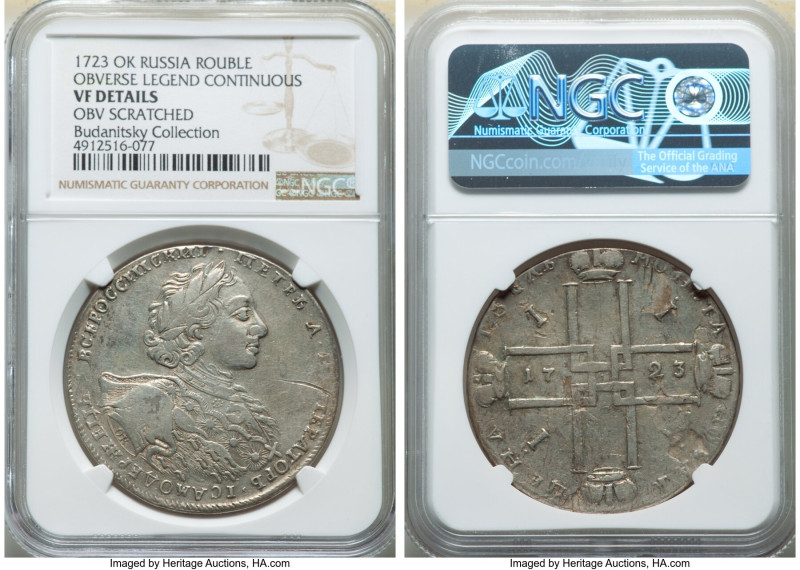 Peter I Rouble 1723-OК VF Details (Obverse Scratched) NGC, Red mint, KM162.3, Bi...