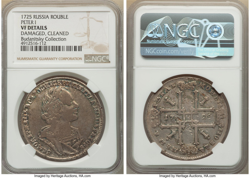 Peter I Rouble 1725 VF Details (Damaged, Cleaned) NGC, Red mint, KM162.5, Bit-96...