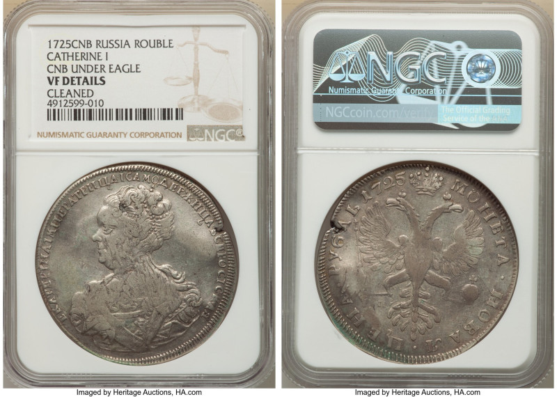 Catherine I Rouble 1725-CПБ VF Details (Cleaned) NGC, St. Petersburg mint, KM169...