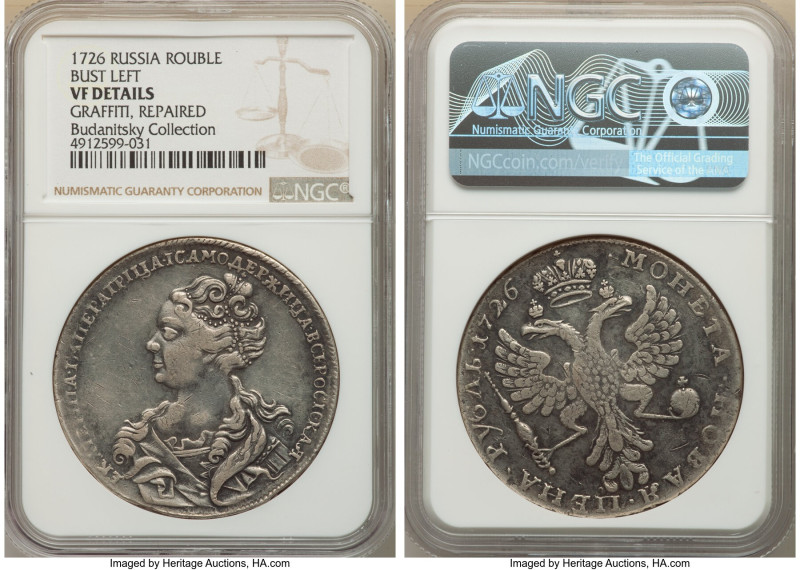 Catherine I Rouble 1726 VF Details (Graffiti, Repaired) NGC, Red mint, KM168, Bi...