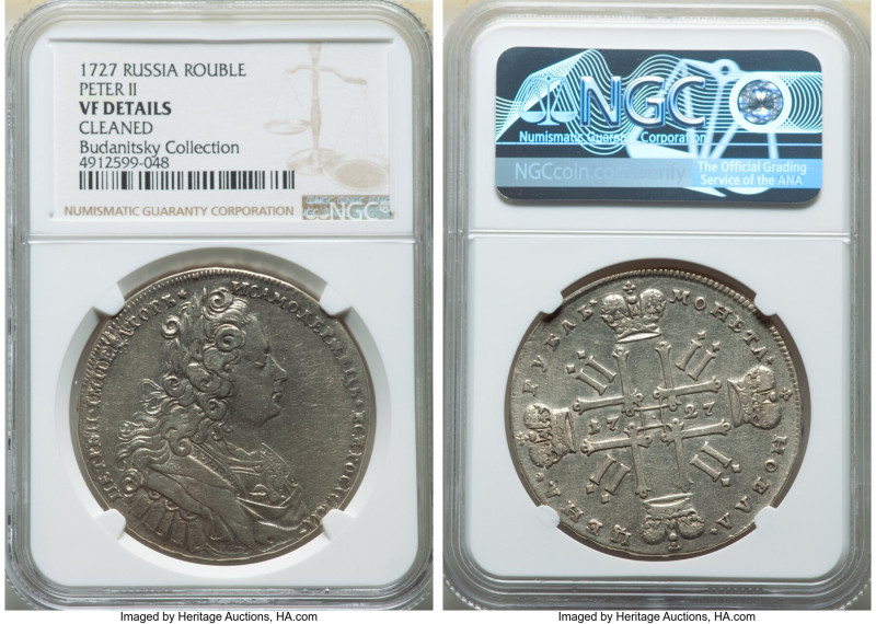 Peter II Rouble 1727 VF Details (Cleaned) NGC, Red mint, KM182.1, Bit-19. Moscow...