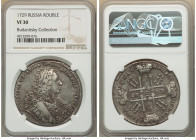 Peter II Rouble 1729 VF30 NGC, Kadashevsky mint, KM182.3, Bit-??. Ribbon of order on cuirass. Sleeve closed. Mottled toning, with what appears to be a...