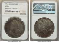 Anna Rouble 1734 VF25 NGC, Kadashevsky mint, KM192.2, Bit-111 (R). No pearls on bosom. Eight pearls in hair. Flan flaws on obverse, with only a few mi...