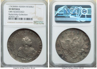 Elizabeth Rouble 1743-MMД XF Details (Obverse Scratched) NGC, Red mint, KM-C19.1, Bit-108. Large head. Struck slightly off-center, and struck over an ...