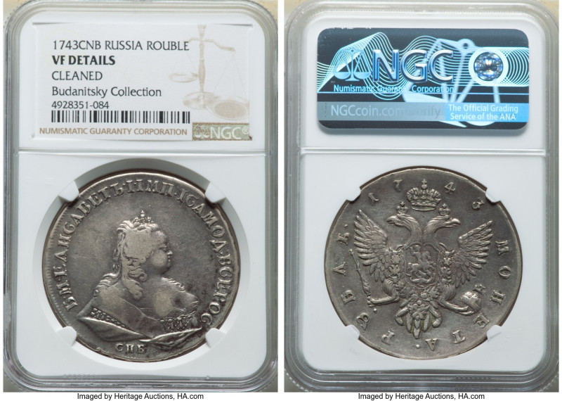 Elizabeth Rouble 1743-CПБ VF Details (Cleaned) NGC, St. Petersburg mint, KM-C19B...