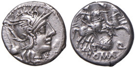 Quinctia - Ti. Quinctius Flaminius - Denario (126 a.C.) Testa di Roma a d. - R/ I Dioscuri a cavallo a d., sotto, scudo macedone - B. 2; Cr. 267/1 AG ...