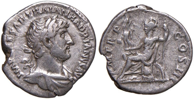 Adriano (117-138) Denario - Busto laureato a d. - R/ Roma seduta a s. - RIC 78 A...