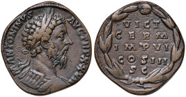 Marco Aurelio (161-180) Sesterzio - Busto laureato a d. - R/ Scritta in corona d’alloro - RIC 1091 AE (g 23,44) R 
BB+/SPL