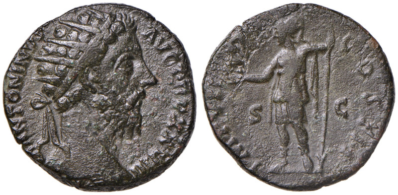 Marco Aurelio (161-180) Dupondio - Testa radiata a d. - R/ Roma stante a s. - cf...
