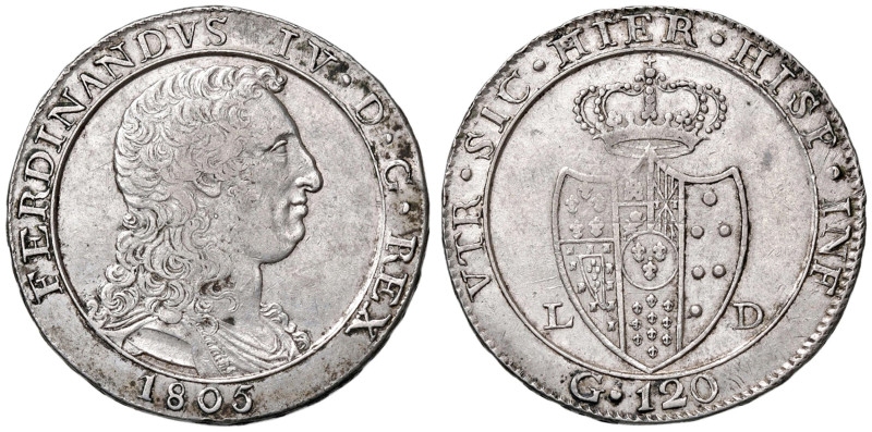 NAPOLI Ferdinando IV (1759-1816) Piastra 1805 - Magliocca 392 AG (g 27,51) Colpe...