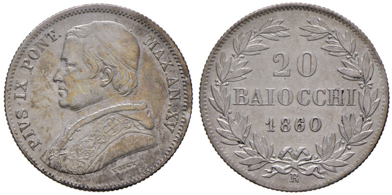 Pio IX (1846-1870) 20 Baiocchi 1860 A. XV - Nomisma 686 AG (g 5,57) Modesta poro...