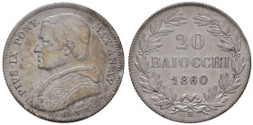 Pio IX (1846-1870) 20 Baiocchi 1860 A. XV - Nomisma 686 AG (g 5,57) Modesta porosità
BB+/SPL