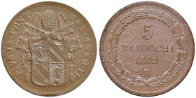 Pio IX (1846-1878) 5 Baiocchi 1852 A. VI - Nomisma 538 CU (g 38,89) Zone di rame rosso, consueti difetti di conio
SPL