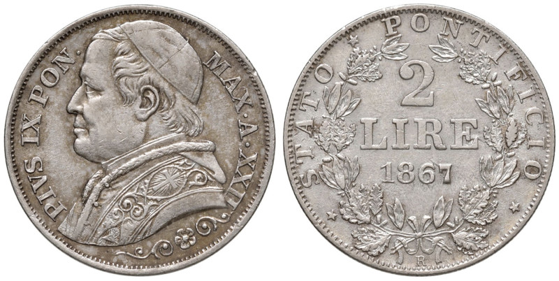 PIO IX (1846-1870) 2 Lire 1867 A. XXII - Nomisma 866 AG (g 9,98)
SPL+