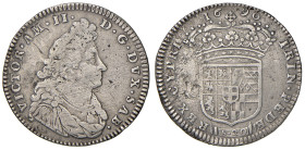 Vittorio Amedeo II (1680-1713) Lira 1690 - MIR 863a MI (g 5,86) Graffi e colpi, ondulazione del tondello
BB