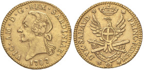 Vittorio Amedeo III (1773-1796) Mezza doppia 1787 - Nomisma 309; MIR 984b AU (g 4,53) Graffio al D/, colpetti al bordo
BB+