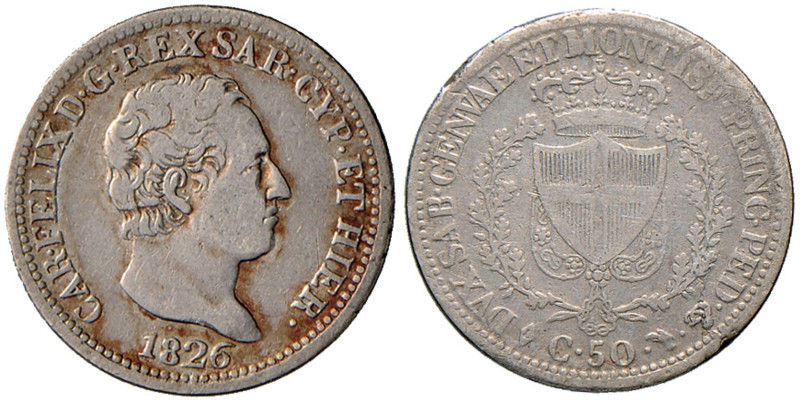 Carlo Felice (1821-1831) 50 Centesimi 1826 T (P) - Nomisma 602 AG Graffietti al ...