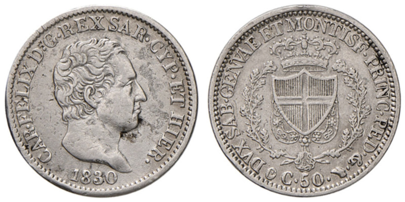 Carlo Felice (1821-1831) 50 Centesimi 1830 T (P) - Nomisma 609 AG RR Piccole scr...